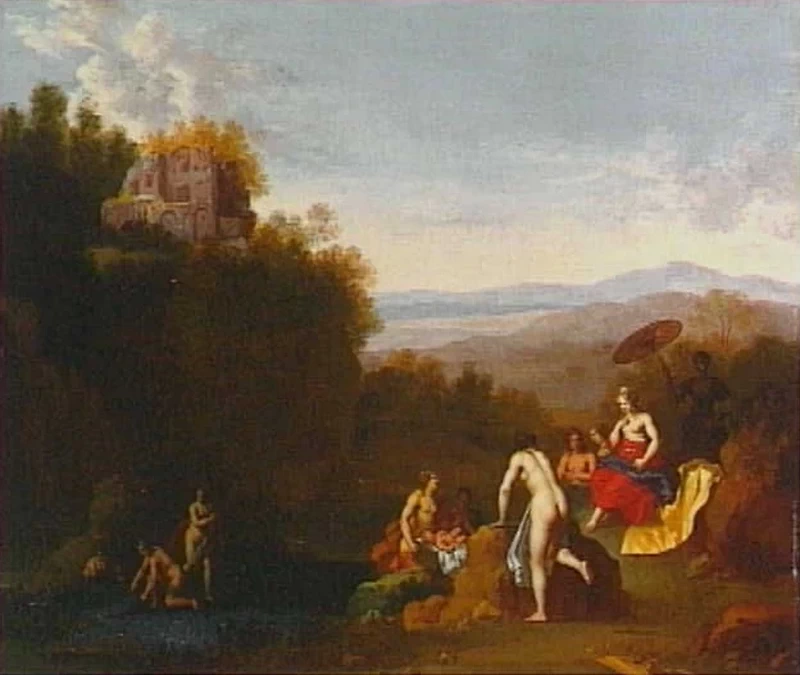 Paesaggio montano con Mosè ritrovato dalla figlia del faraone